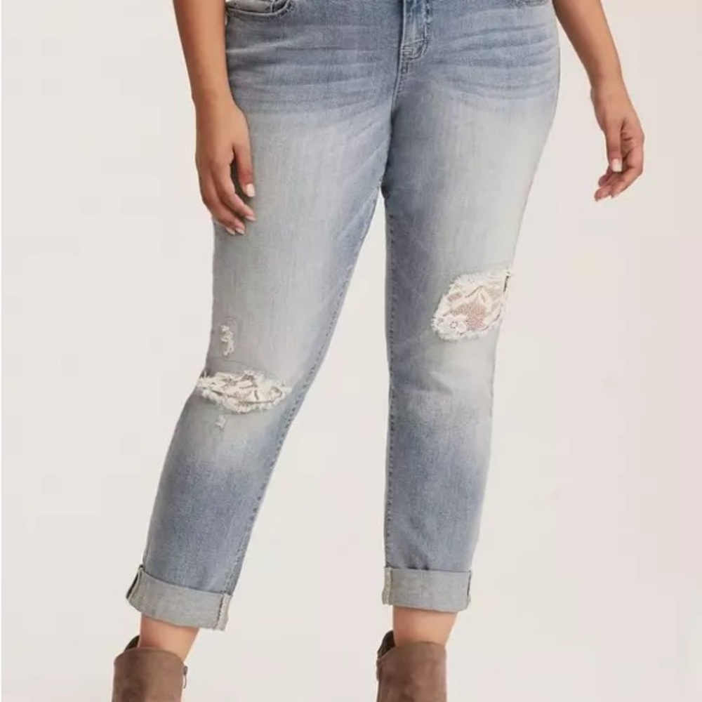 Light Blue Distressed Lace-Detail Boyfriend Jeans -